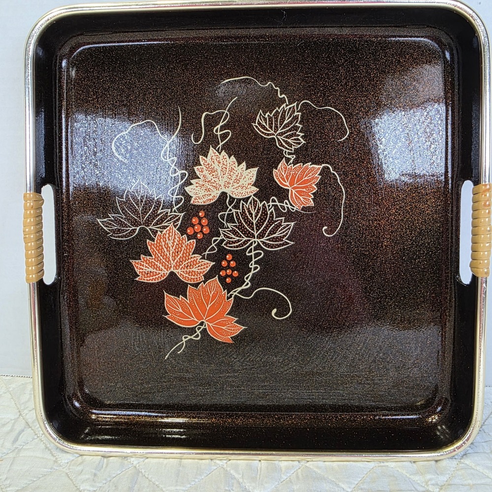 Vintage Black Lacquer Serving Tray Japan Autumn Leaves Fall Trinket Centerpiece